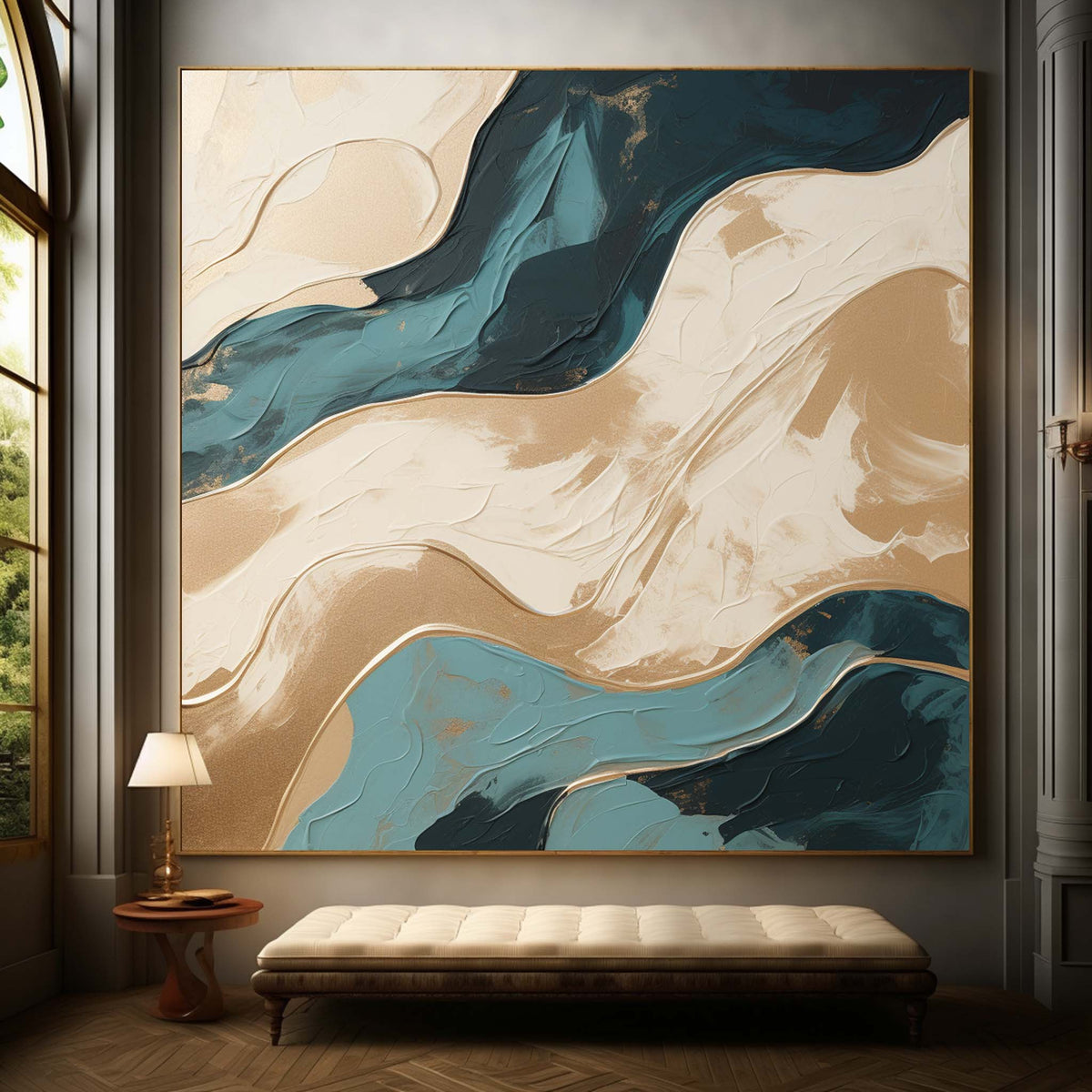 Gold & Teal Wave Impasto Abstract Painting