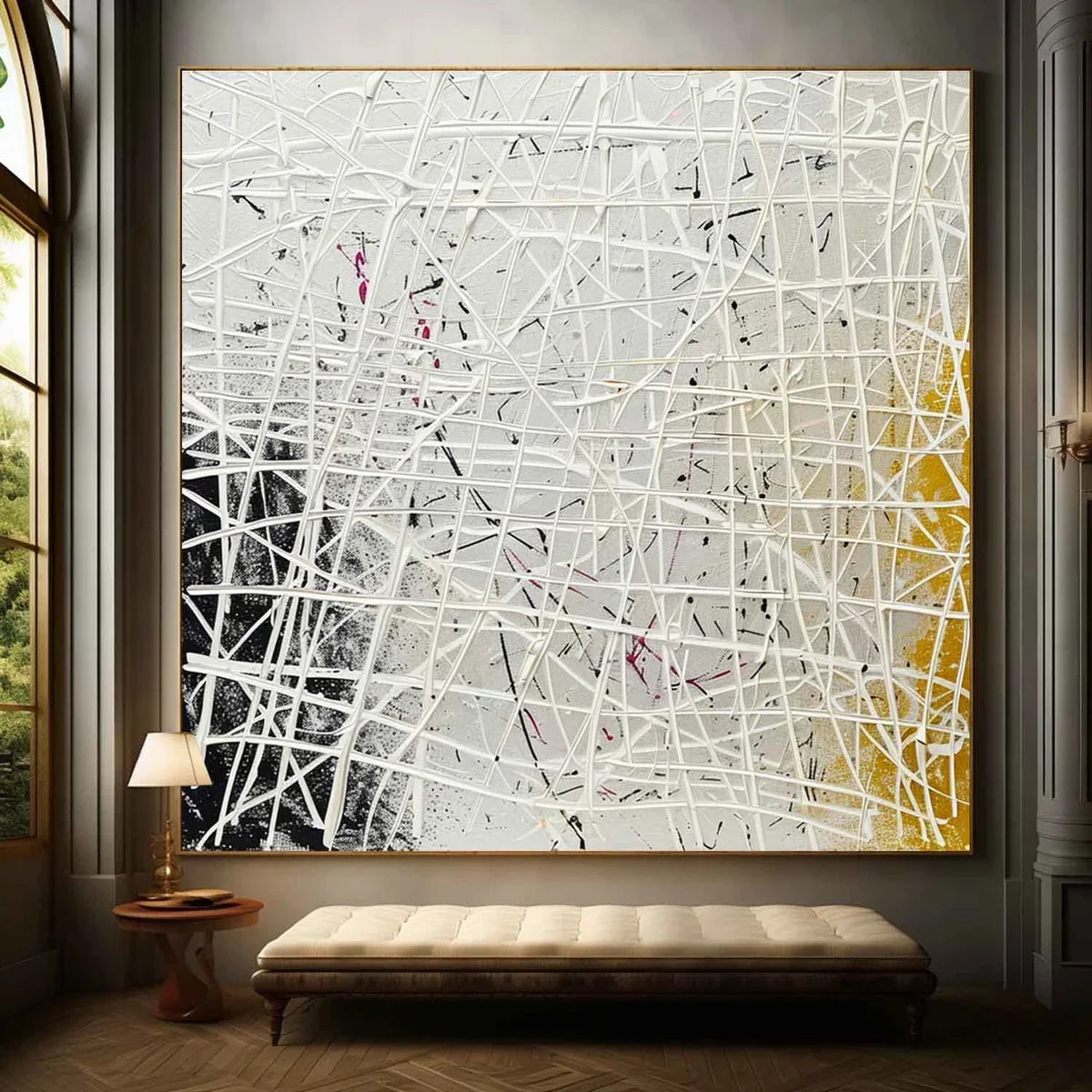 Tactile Neutral Oil Painting White Web-Lines Gold & Pink