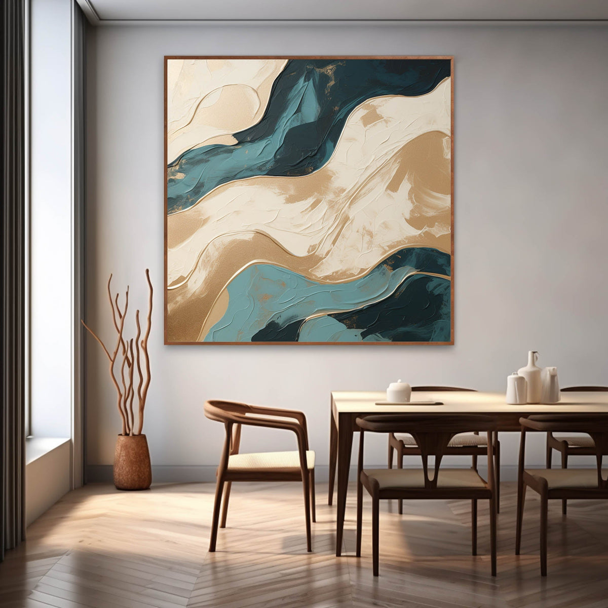 Gold & Teal Wave Impasto Abstract Painting
