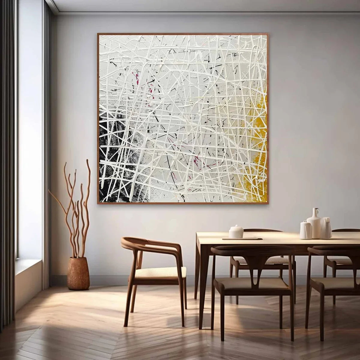 Tactile Neutral Oil Painting White Web-Lines Gold & Pink