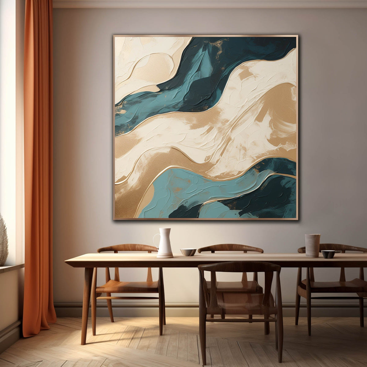 Gold & Teal Wave Impasto Abstract Painting