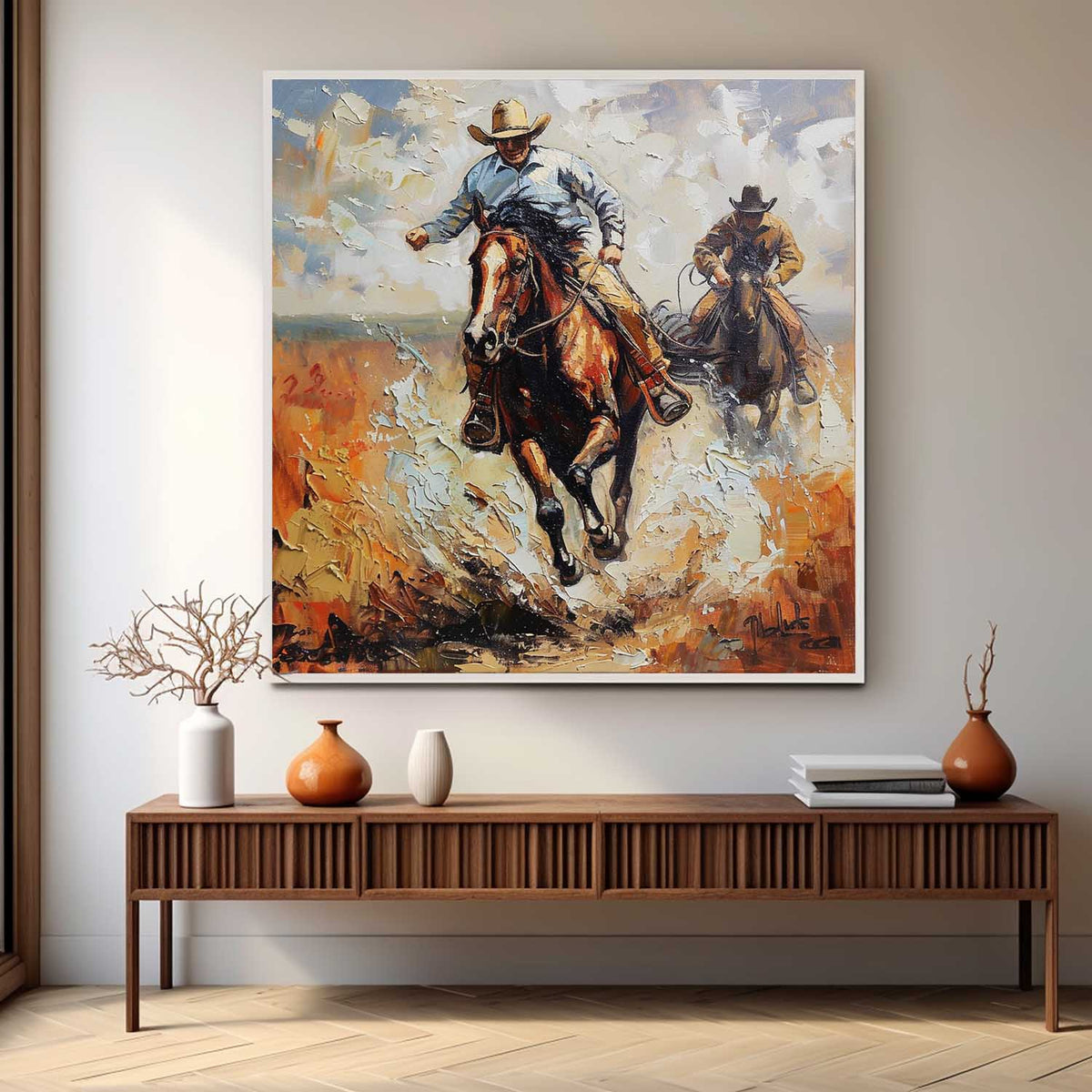 Western Cowboys Riding 3D Impasto Painting