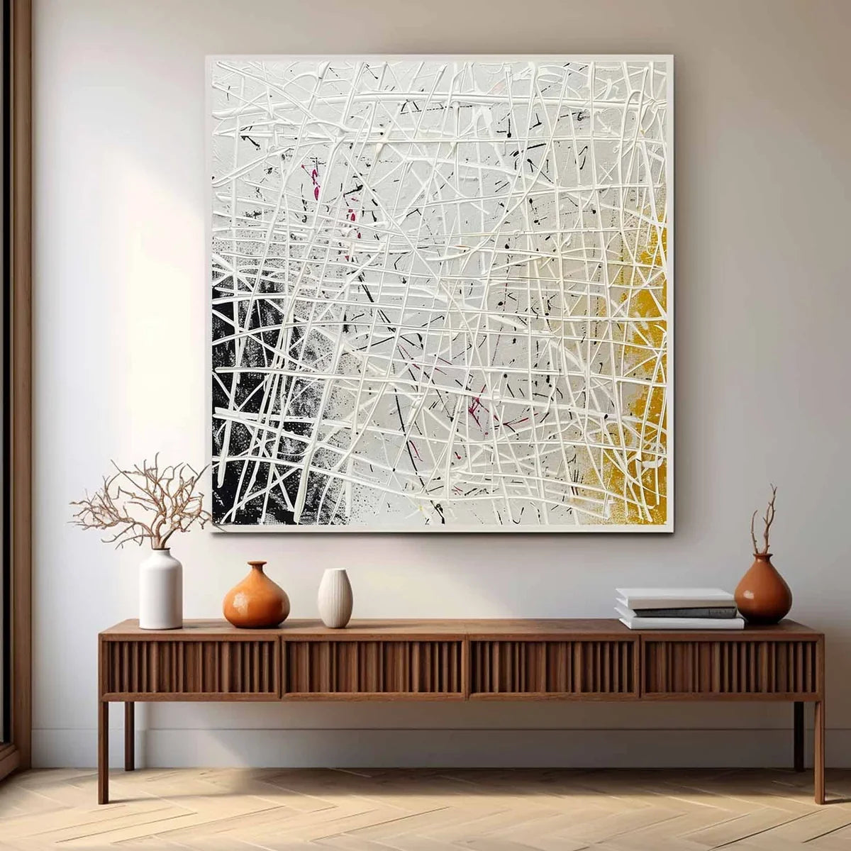 Tactile Neutral Oil Painting White Web-Lines Gold & Pink