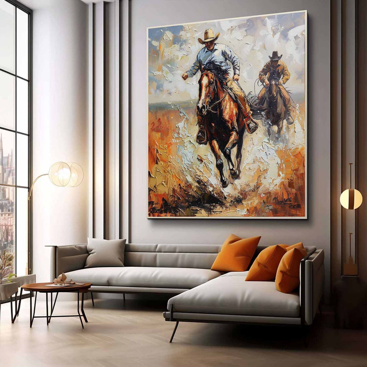 Western Cowboys Riding 3D Impasto Painting