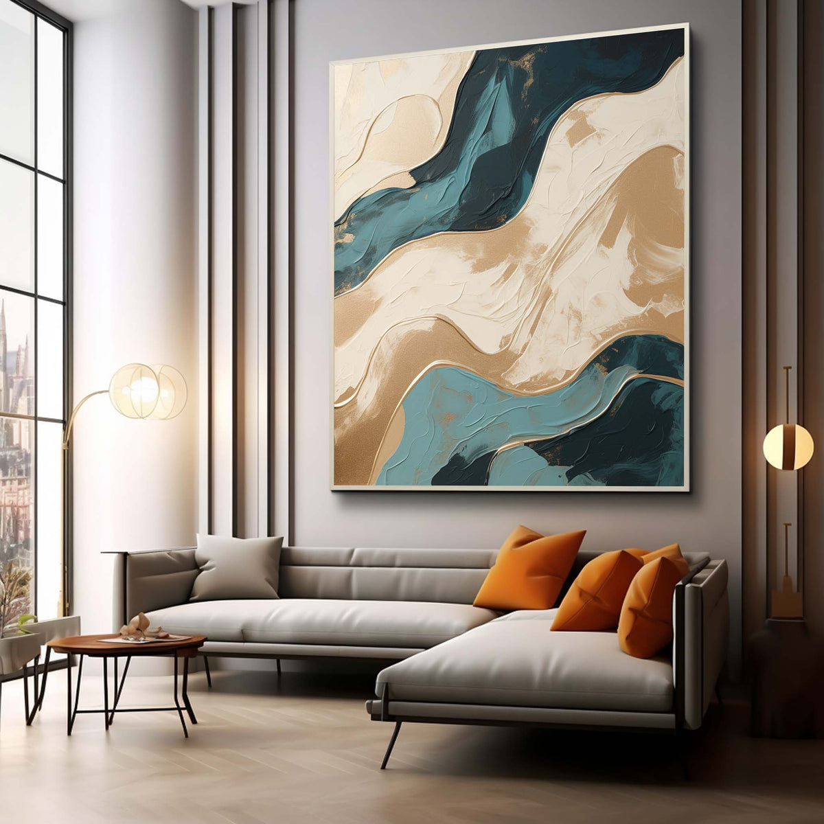 Gold & Teal Wave Impasto Abstract Painting