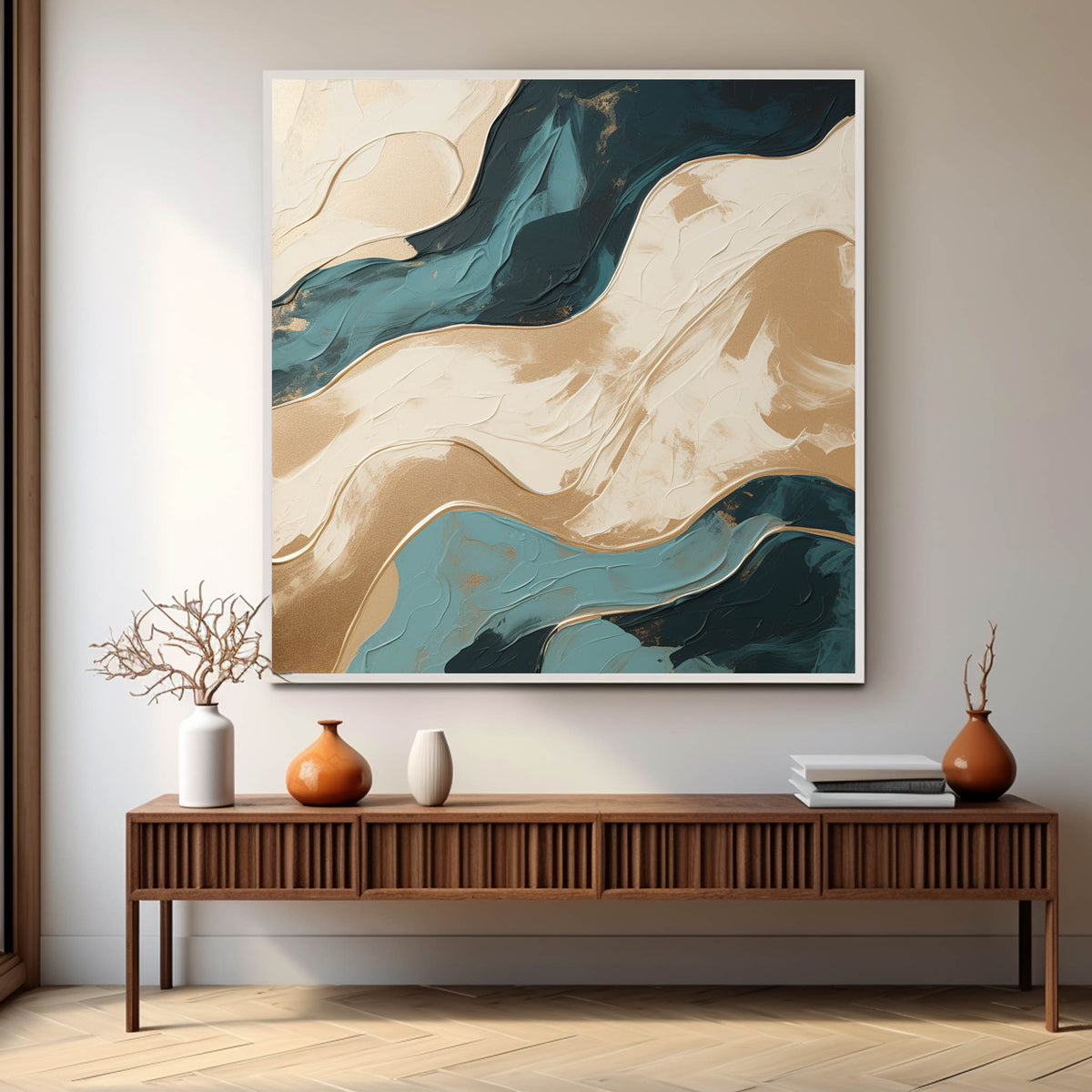 Gold & Teal Wave Impasto Abstract Painting