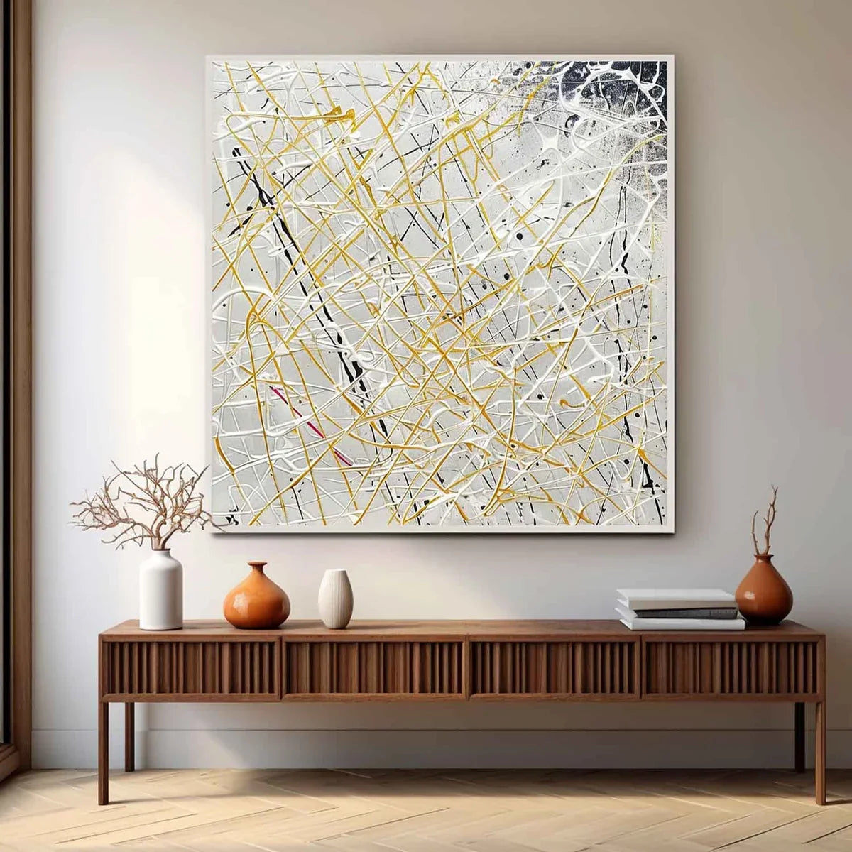 Gold Line Oil Painting Neutral Background Luxe