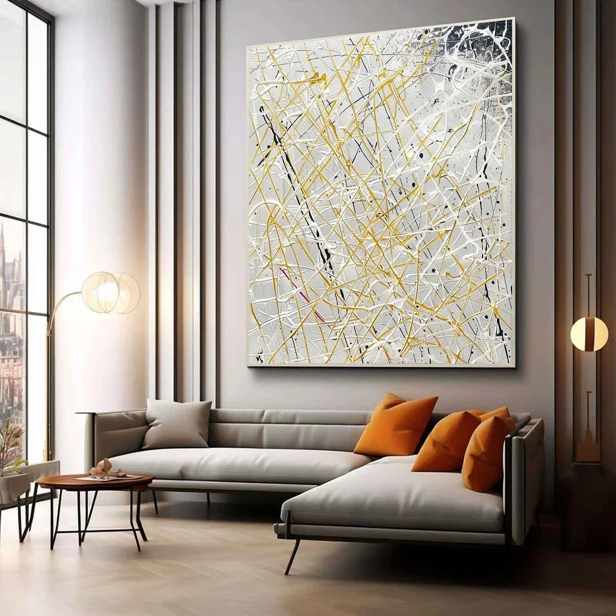 Gold Line Oil Painting Neutral Background Luxe