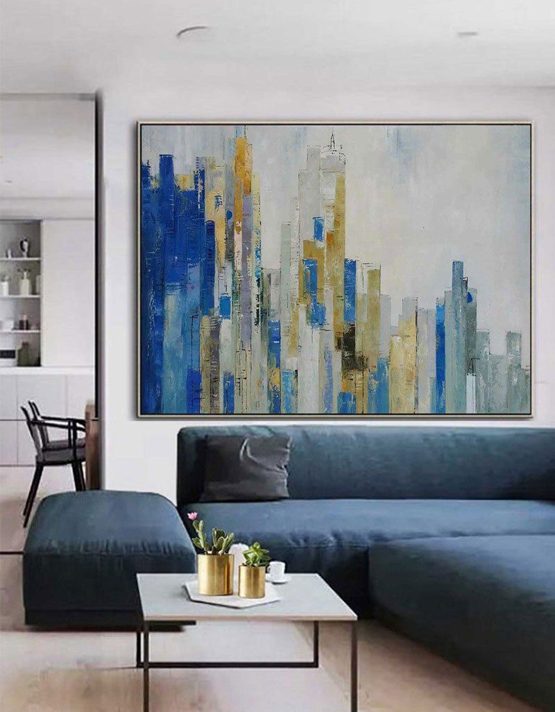 Abstract Cityscape Painting Blue & Gold