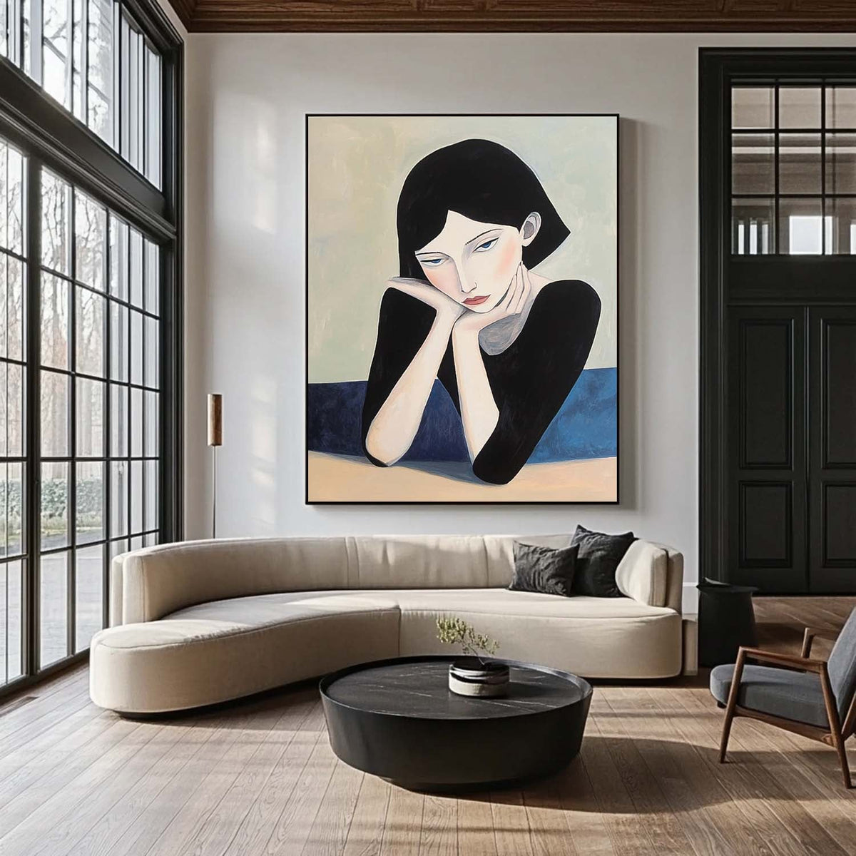 Minimalist Contemplative Woman Portrait Oil Painting