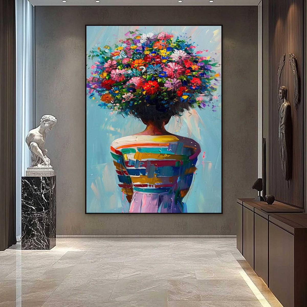 Vibrant Floral Head Woman Oil Painting Colorful