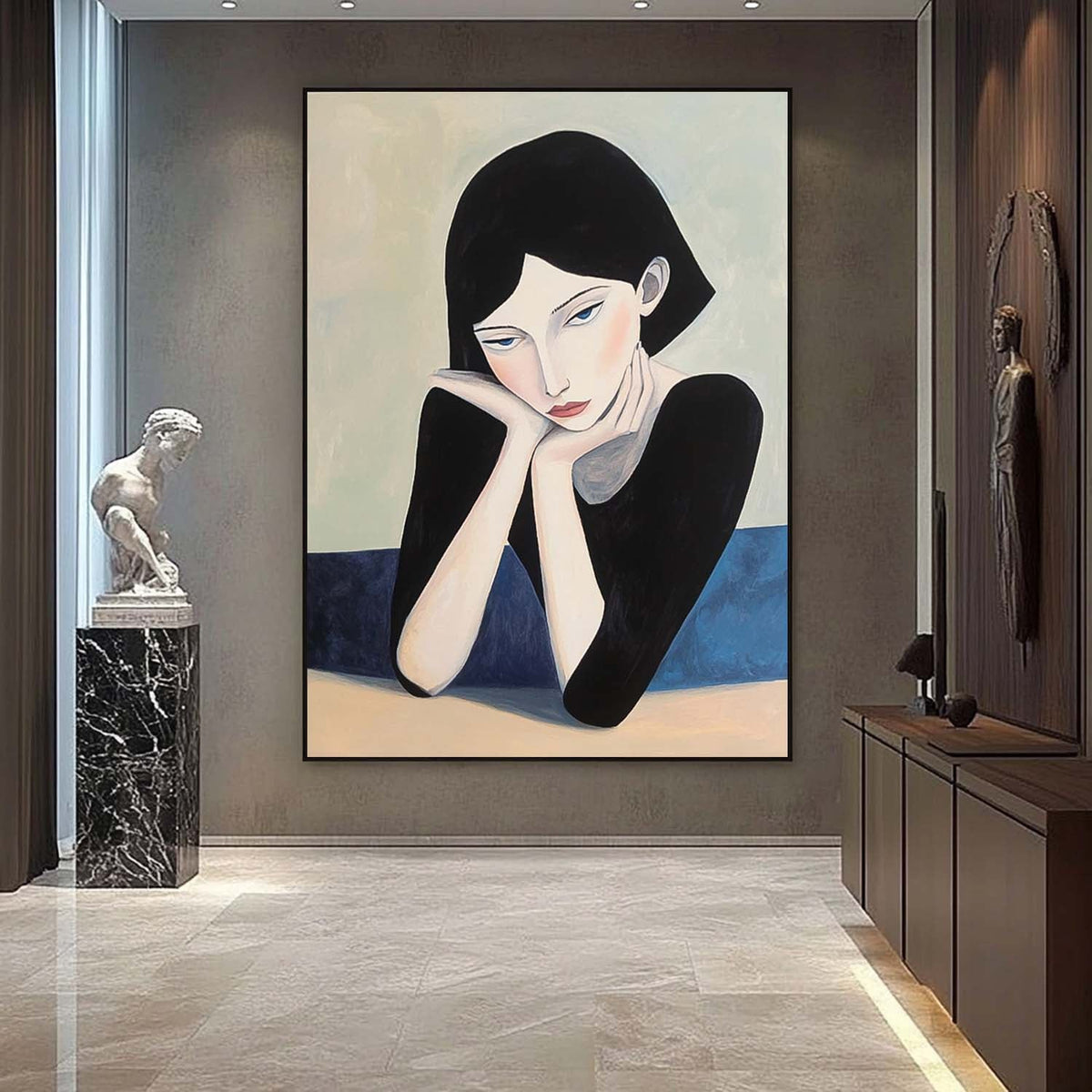 Minimalist Contemplative Woman Portrait Oil Painting