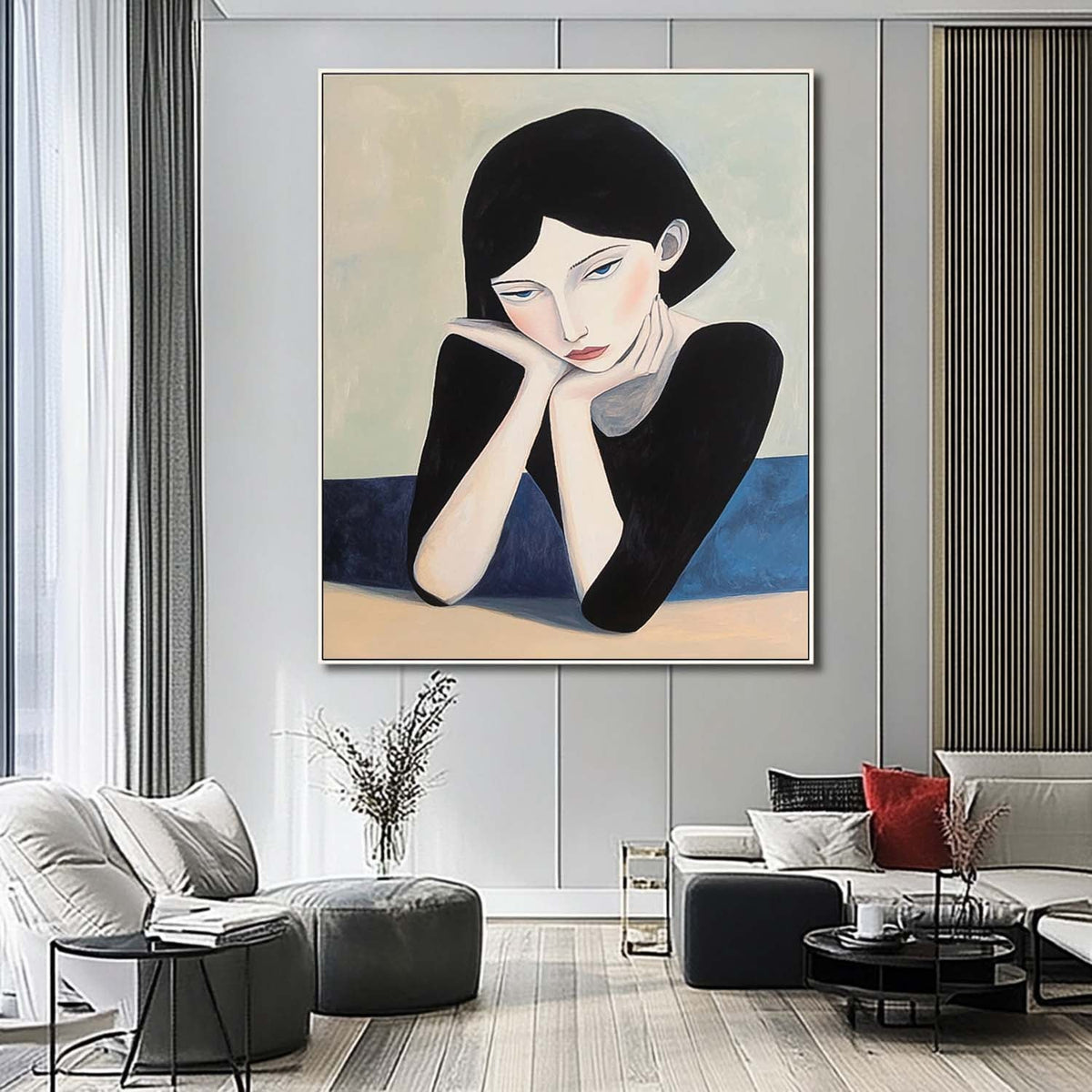 Minimalist Contemplative Woman Portrait Oil Painting