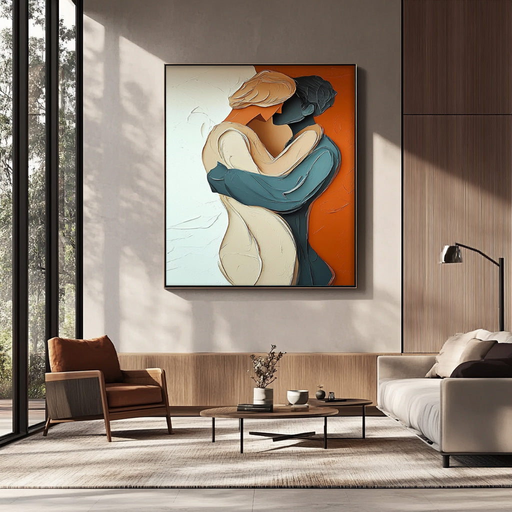 Romantic Couple Embrace Textured Oil Painting