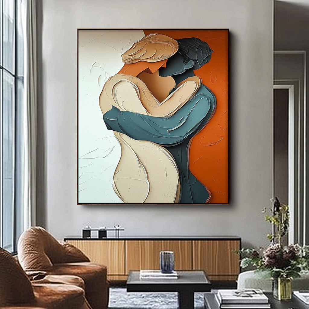 Romantic Couple Embrace Textured Oil Painting