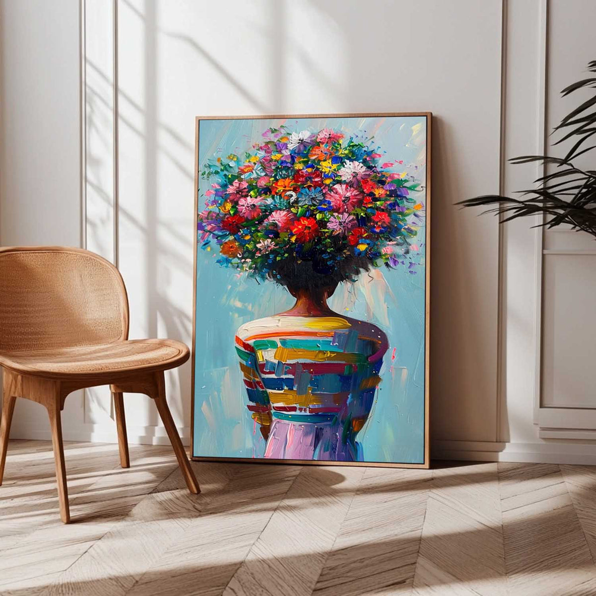 Vibrant Floral Head Woman Oil Painting Colorful