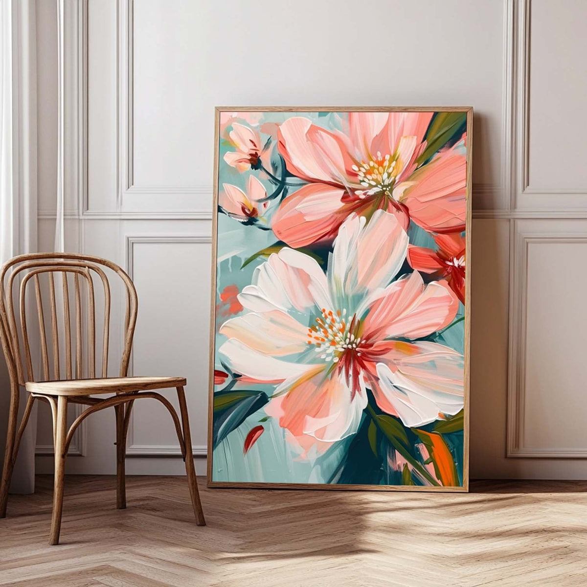 Blush Pink Floral Close Up Oil Painting Soft Teal
