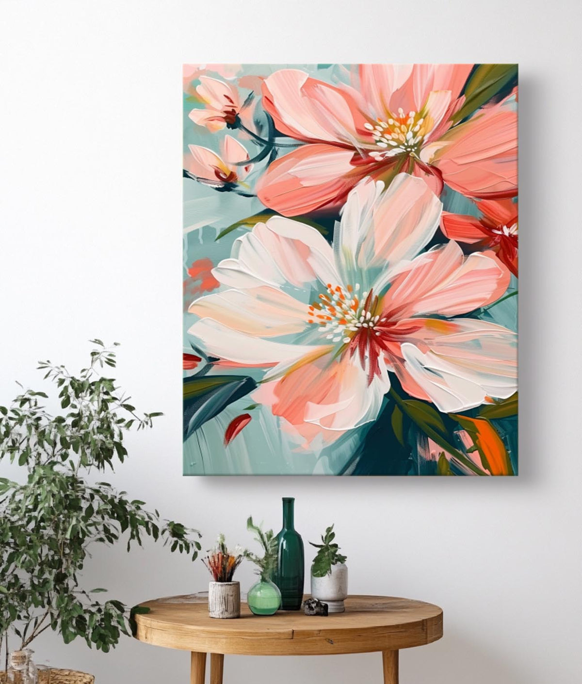 Blush Pink Floral Close Up Oil Painting Soft Teal