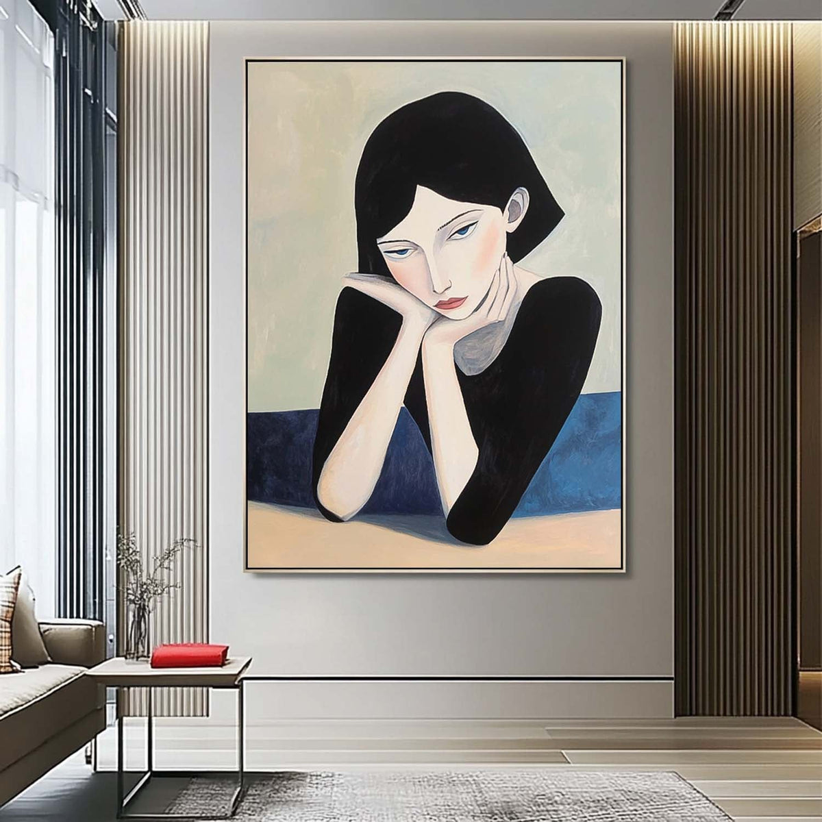 Minimalist Contemplative Woman Portrait Oil Painting