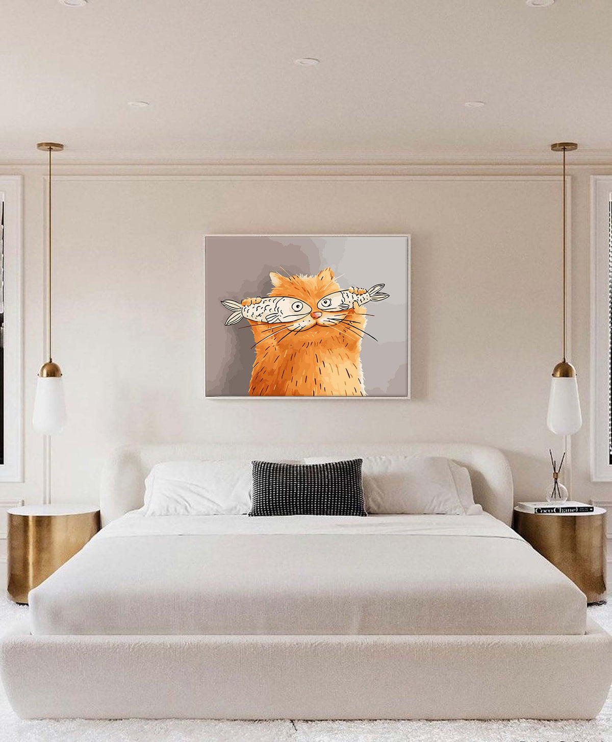 Whimsical Cat Fish Wall Art Playful Orange Cat