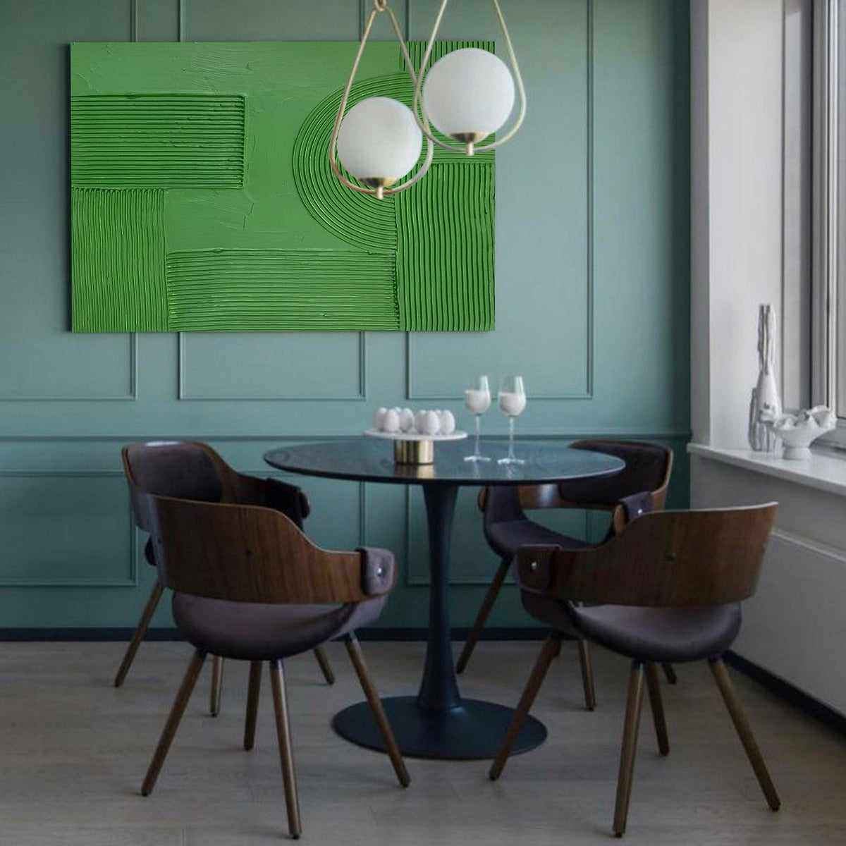 Solid‑Green Geometric Abstract  Ridged Heavy Textured Artwork