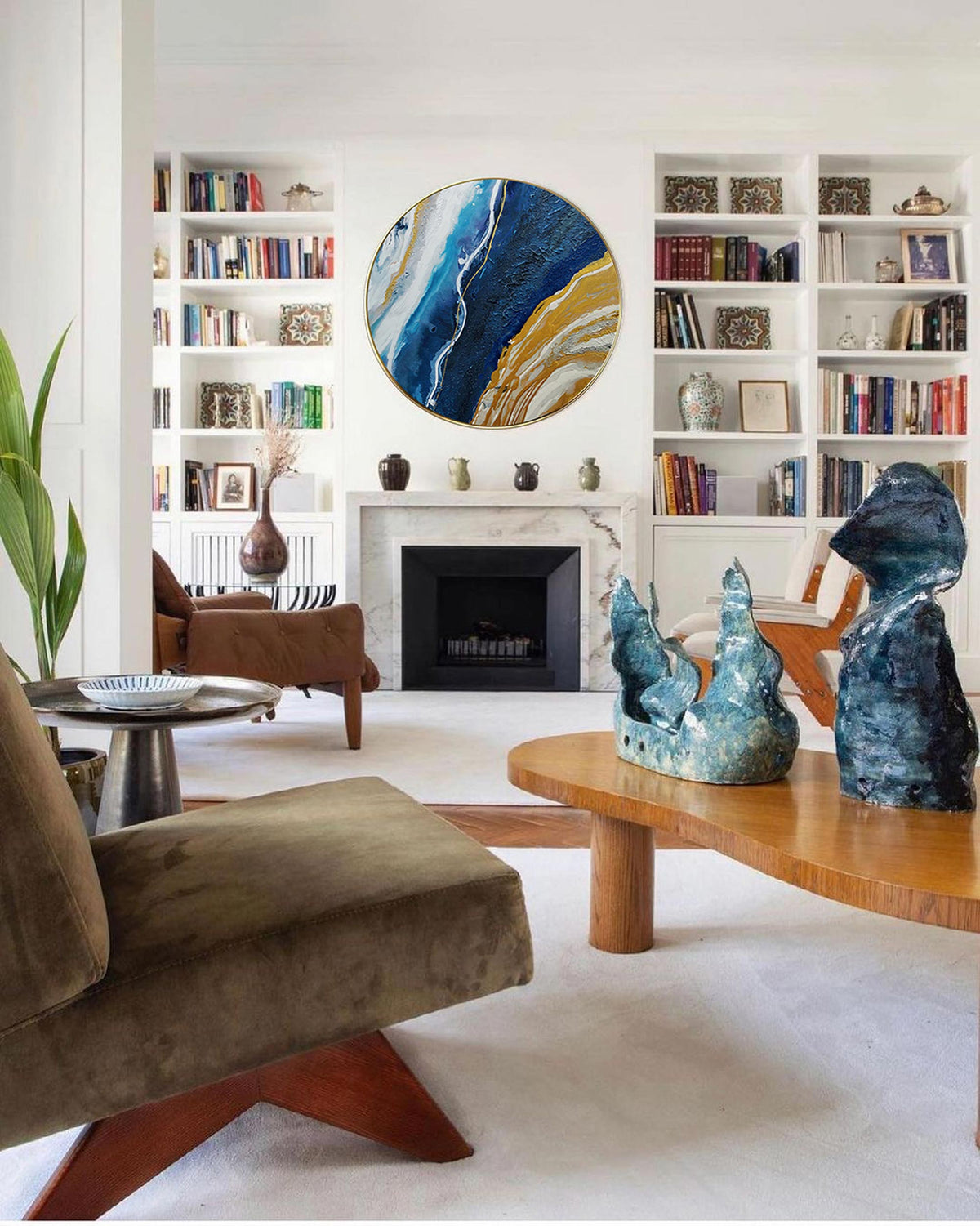 Wall Art Blue Gold Round Abstract Marble Modern Texture Living Room