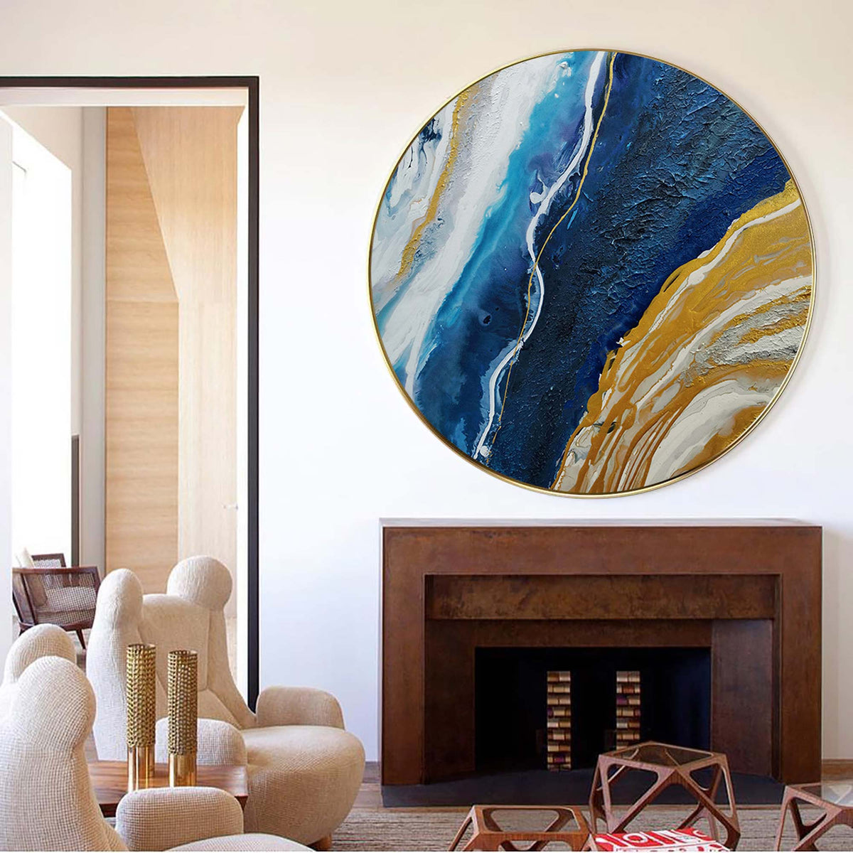 Wall Art Blue Gold Round Abstract Marble Modern Texture Living Room