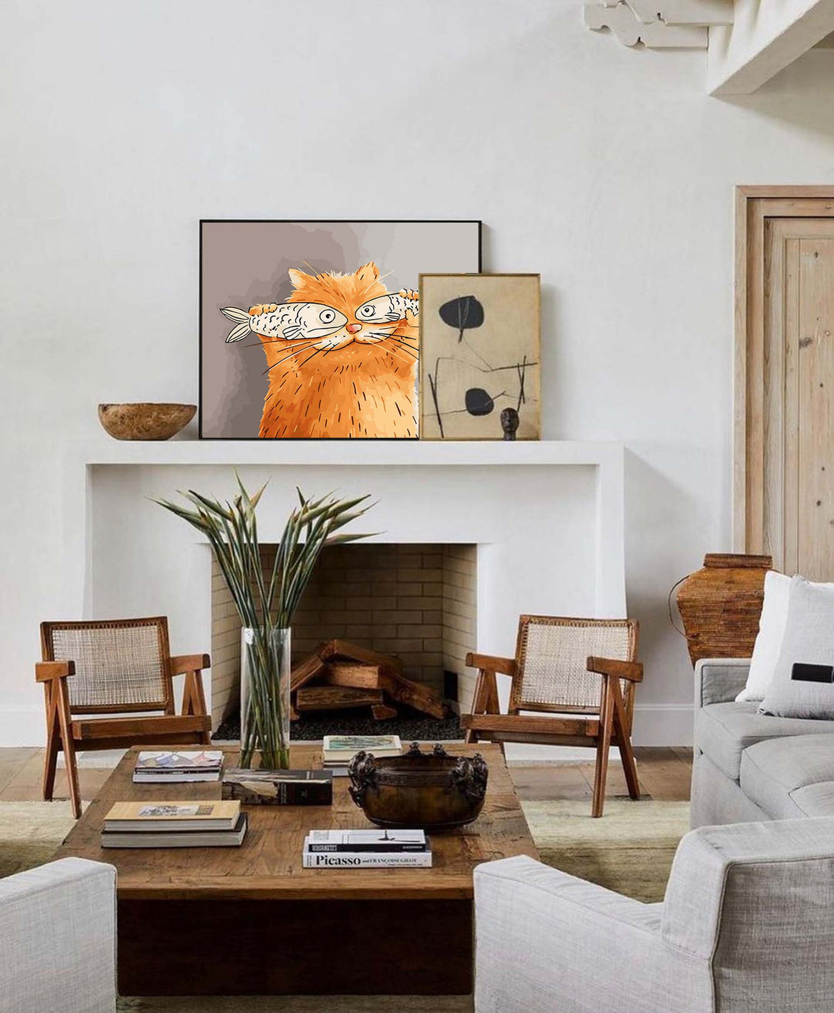 Whimsical Cat Fish Wall Art Playful Orange Cat