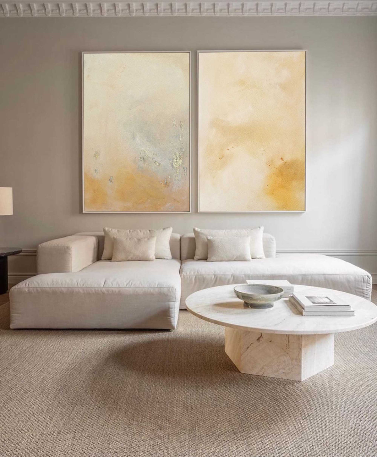 Minimalist Diptych Wall Art Warm Neutrals Gold Leaf