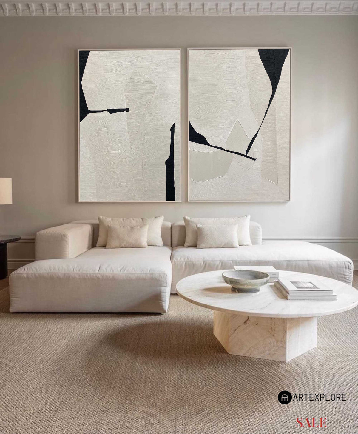 Minimalist Ivory Black Abstract Geometric Diptych Wall Art