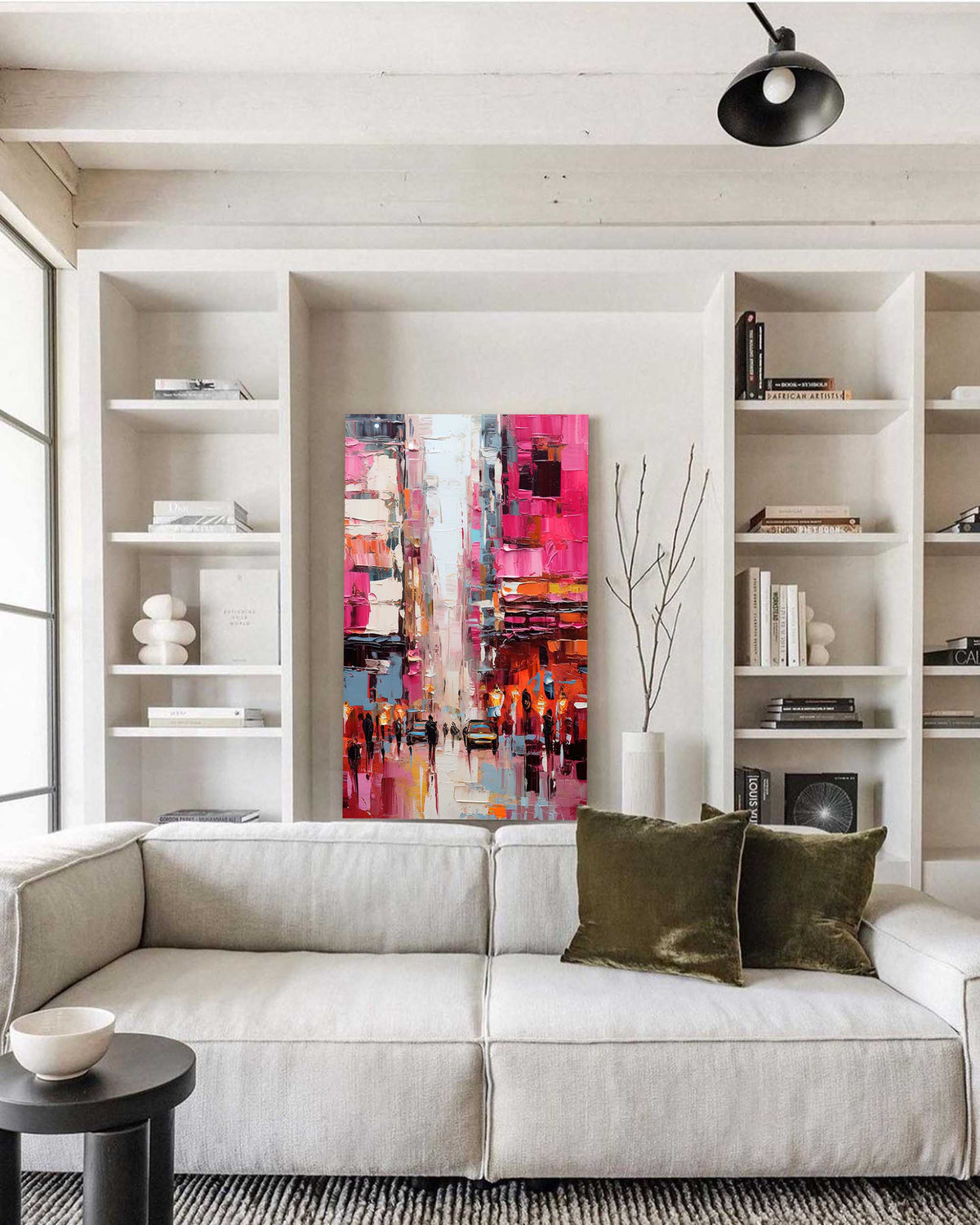 Impasto Cityscape Painting Vibrant Pink Orange