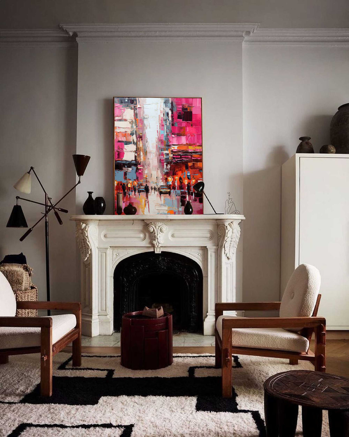 Impasto Cityscape Painting Vibrant Pink Orange