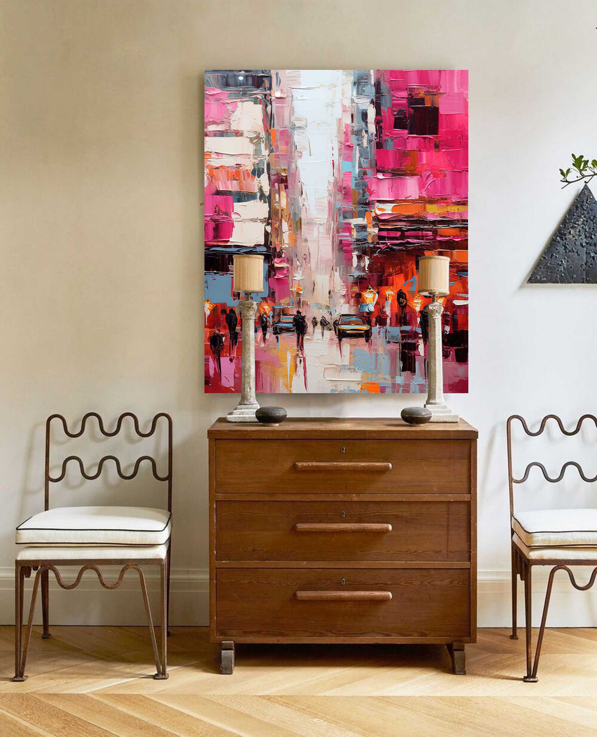 Impasto Cityscape Painting Vibrant Pink Orange