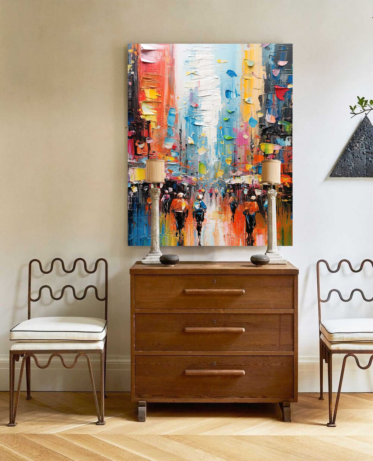 Impasto Cityscape Painting Vibrant Rainbow