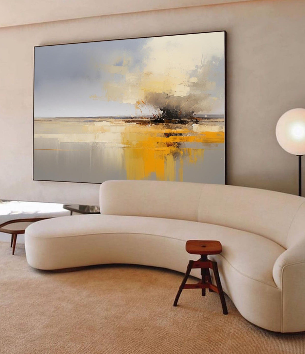 Abstract Seascape Oil Painting Grey Yellow Reflective