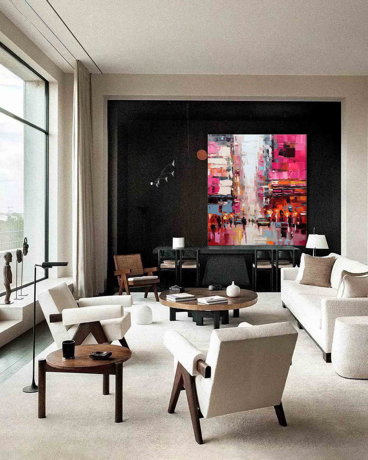 Impasto Cityscape Painting Vibrant Pink Orange