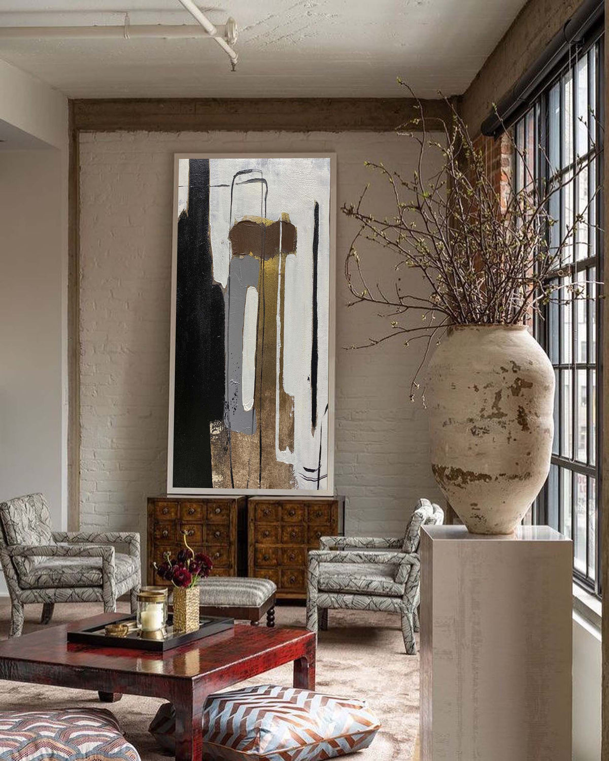 Wabi-Sabi Neutral Vertical Abstract Oil Painting