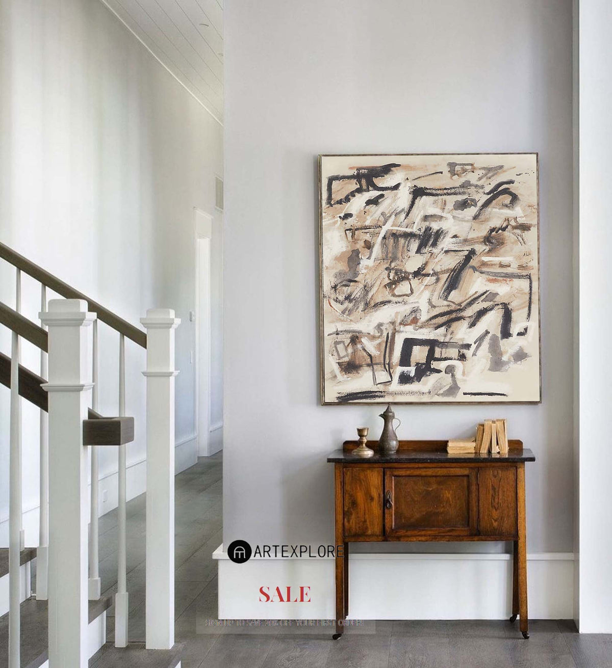 Warm Beige Black Brushstroke Abstract Canvas Art