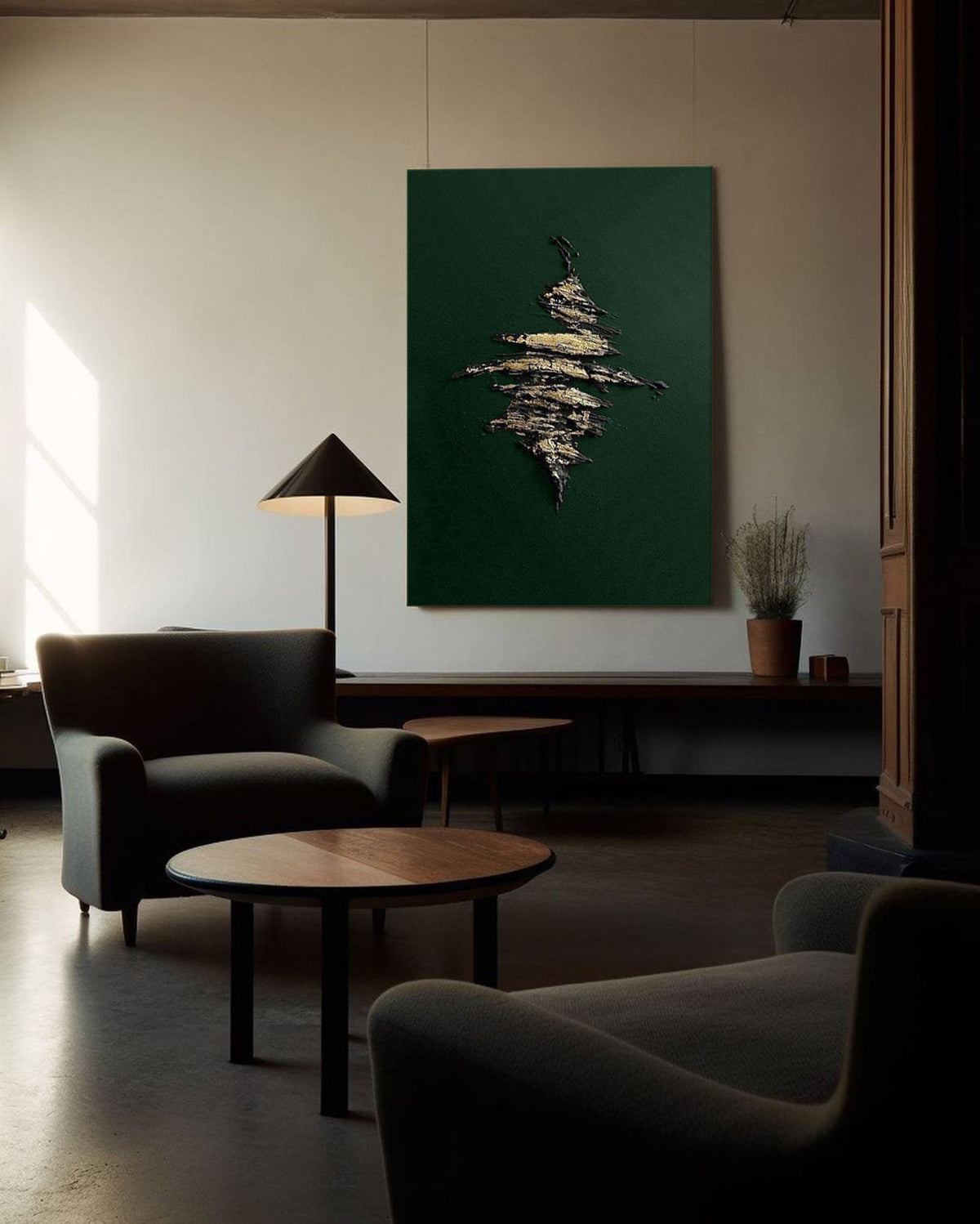 Dark Green Metallic‑Gold Accent Abstract  Heavy Raised‑Texture Artwork