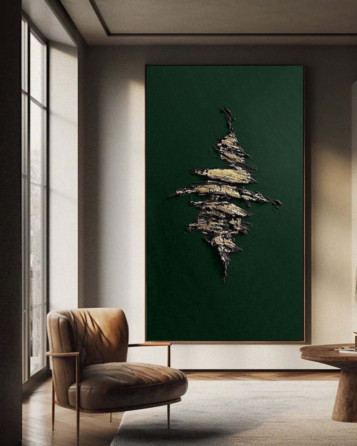 Dark Green Metallic‑Gold Accent Abstract  Heavy Raised‑Texture Artwork