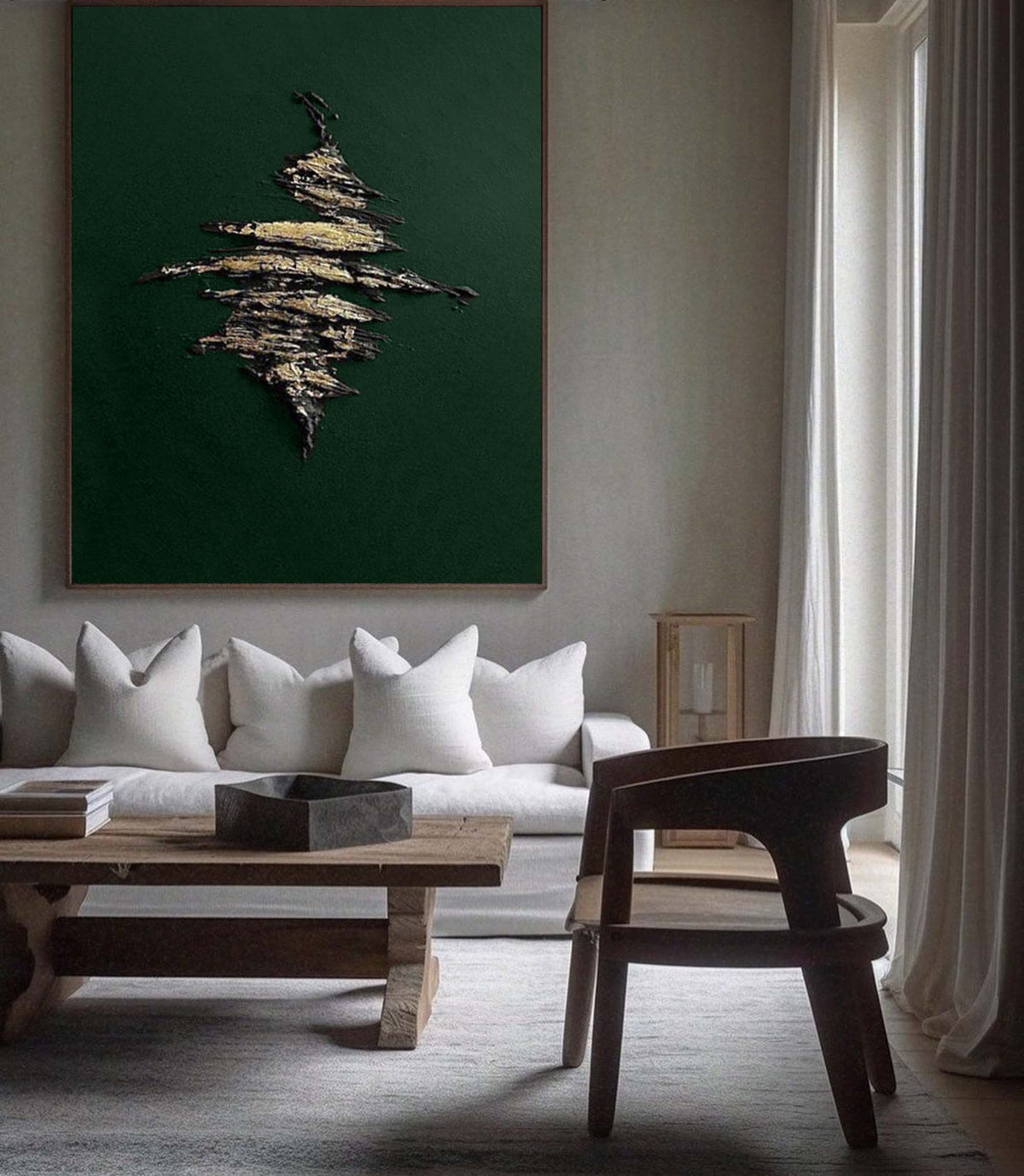 Dark Green Metallic‑Gold Accent Abstract  Heavy Raised‑Texture Artwork