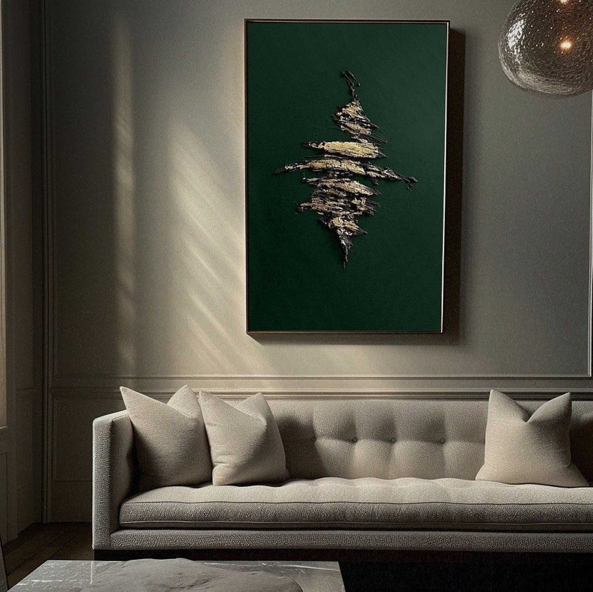 Dark Green Metallic‑Gold Accent Abstract  Heavy Raised‑Texture Artwork