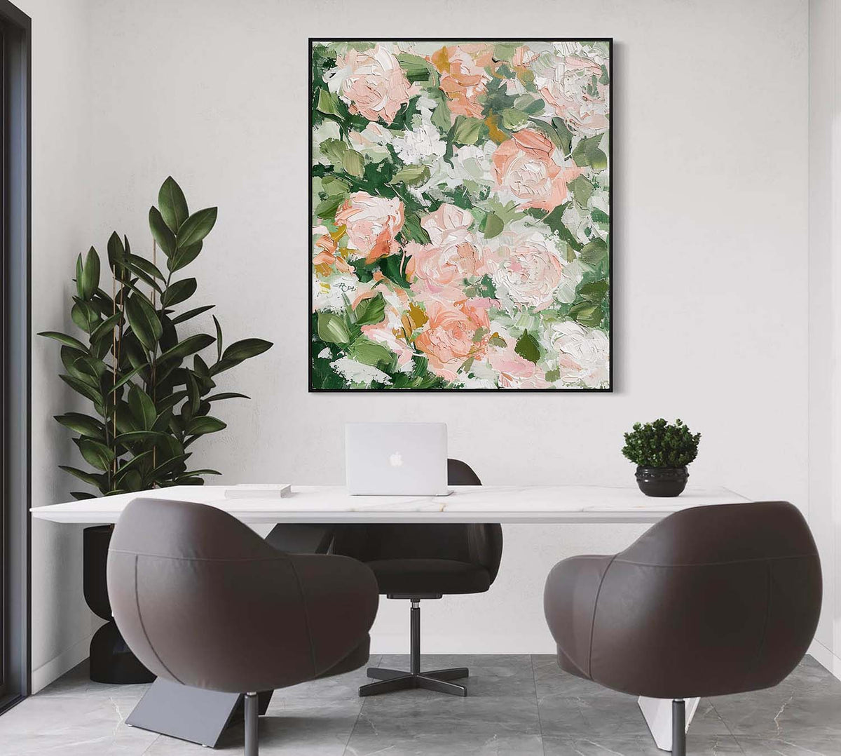 Textured Pink Rose Oil Painting Layered Blooms Romantic