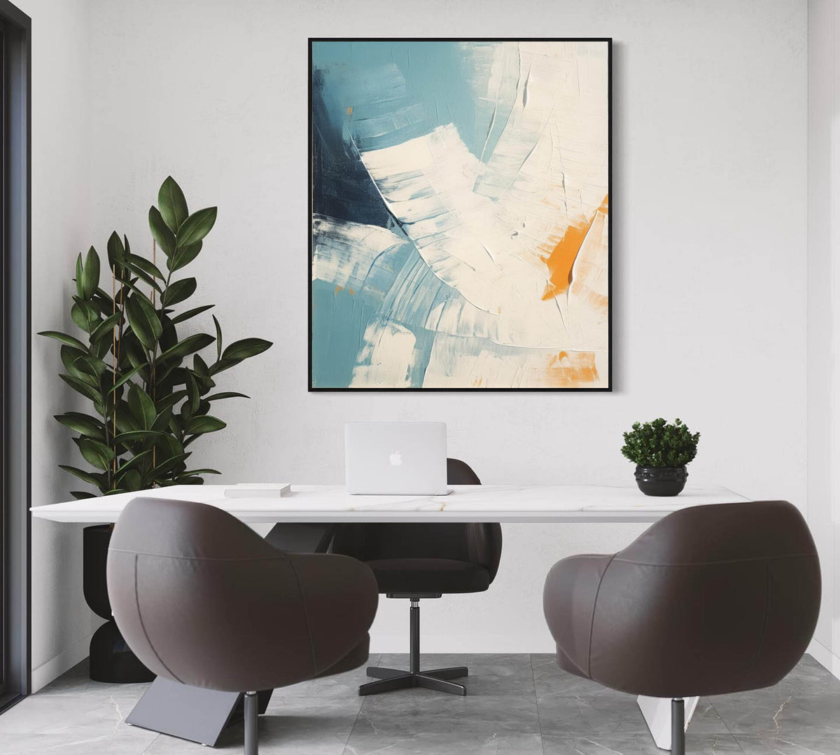 Tactile Impasto Oil Painting Teal White Orange Tones