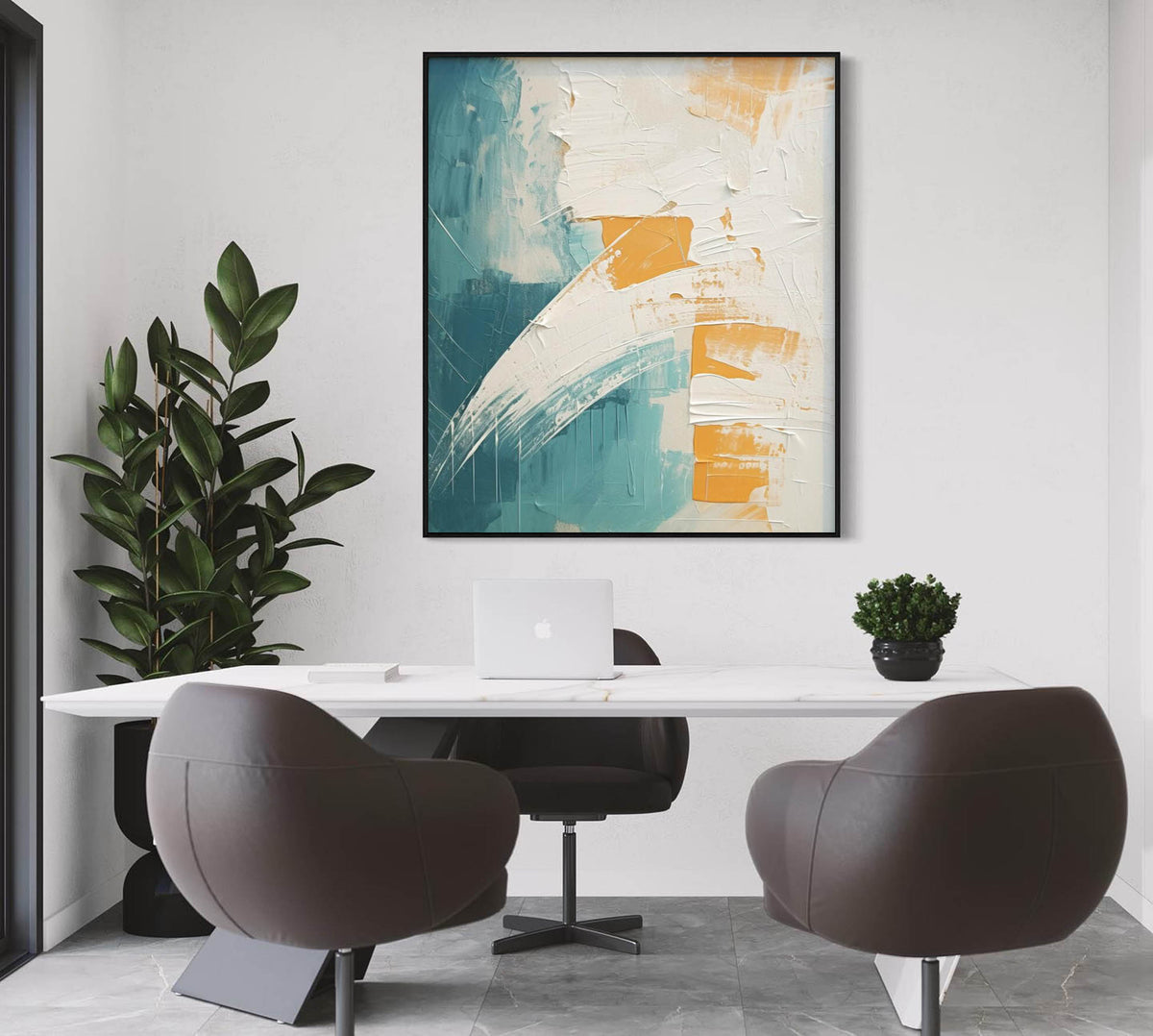 Tactile Impasto Oil Painting Teal White Orange