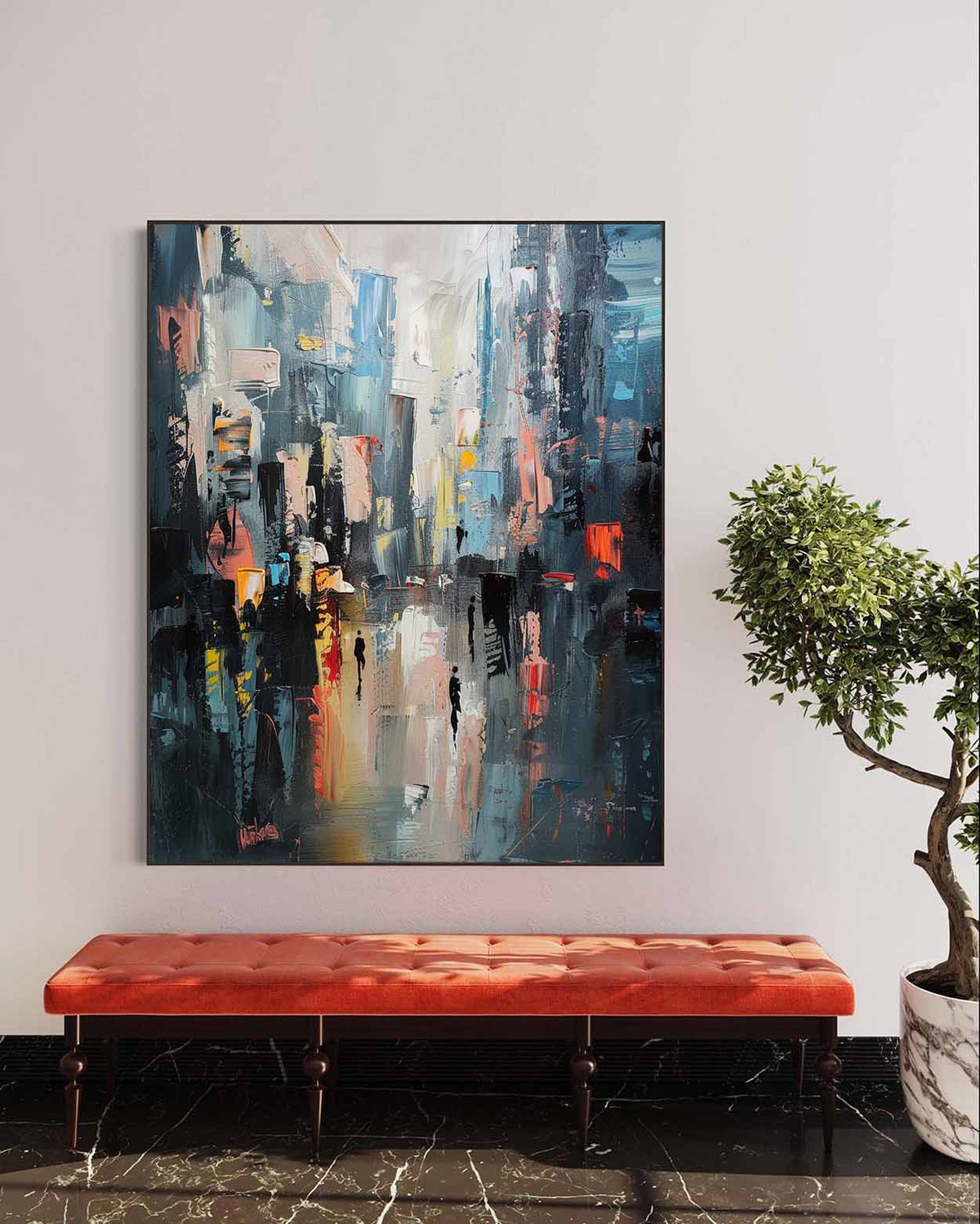 Vertical Abstract Cityscape Impasto Painting