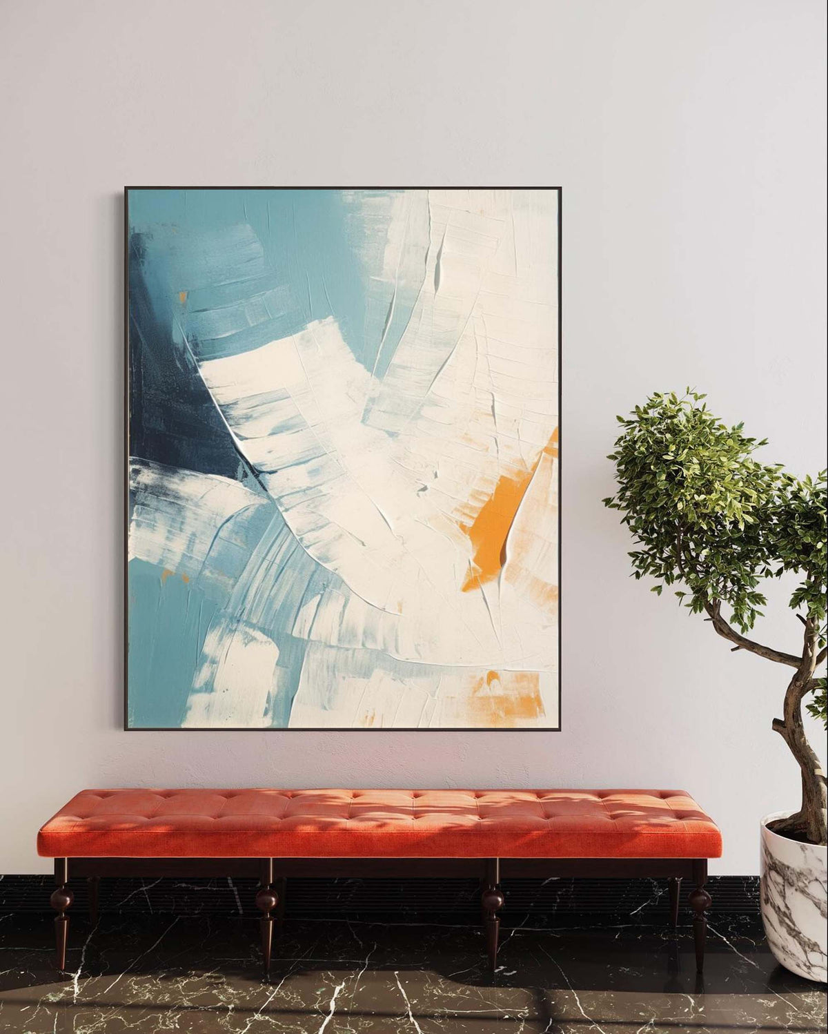 Tactile Impasto Oil Painting Teal White Orange Tones