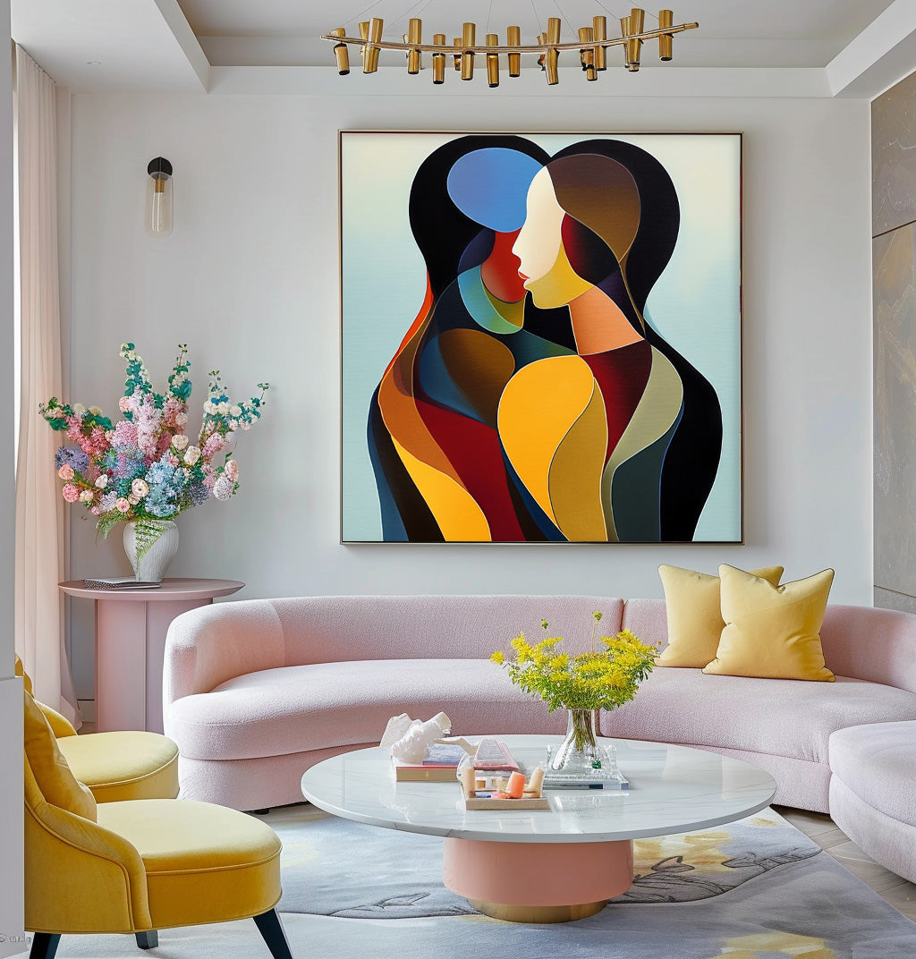 Intimate Color-Blocked Embrace Painting