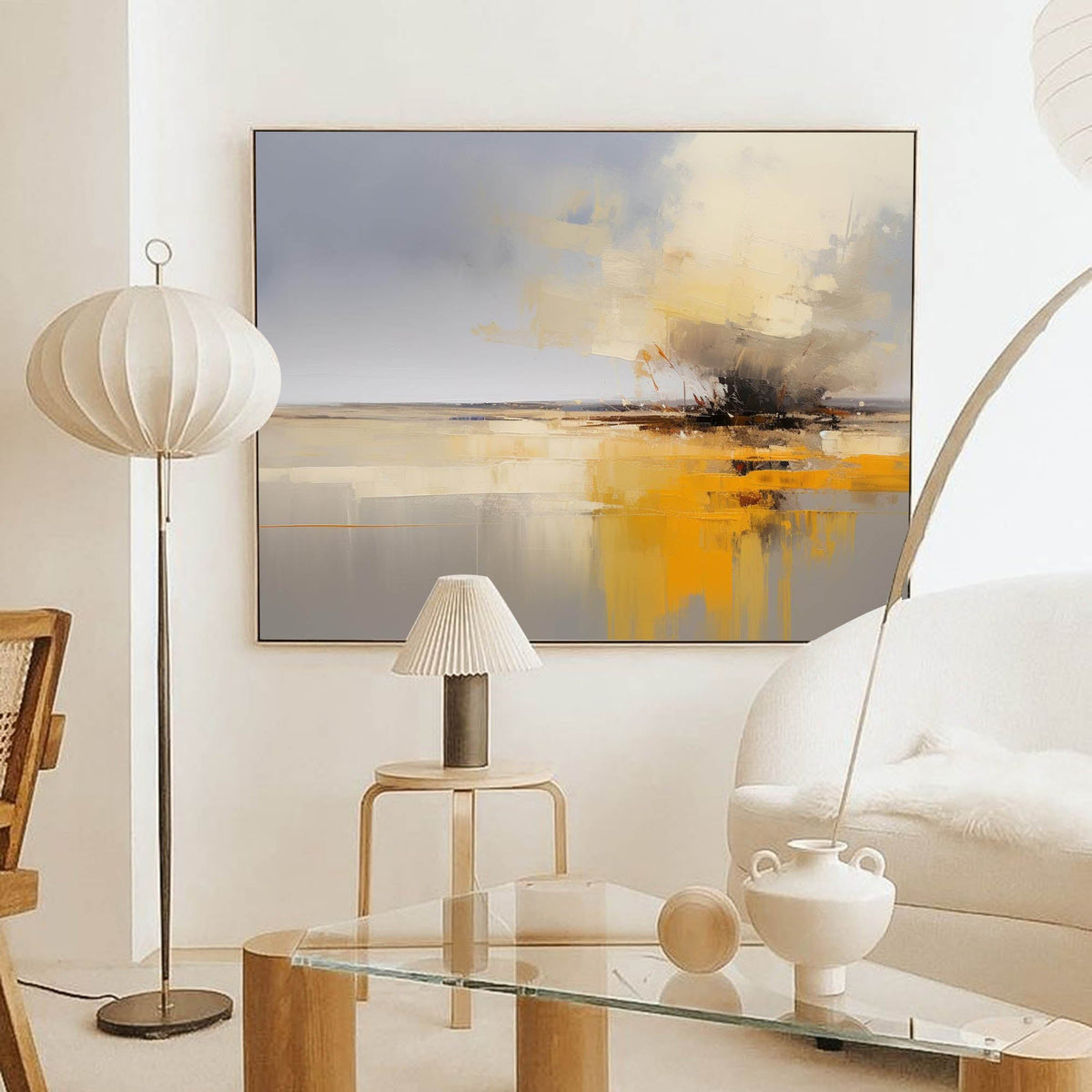 Abstract Seascape Oil Painting Grey Yellow Reflective