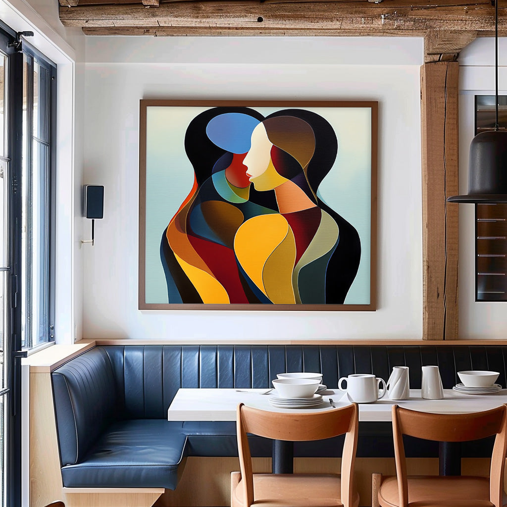 Intimate Color-Blocked Embrace Painting